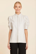 Faux Leather Placket Front Ruched Sleeve Top