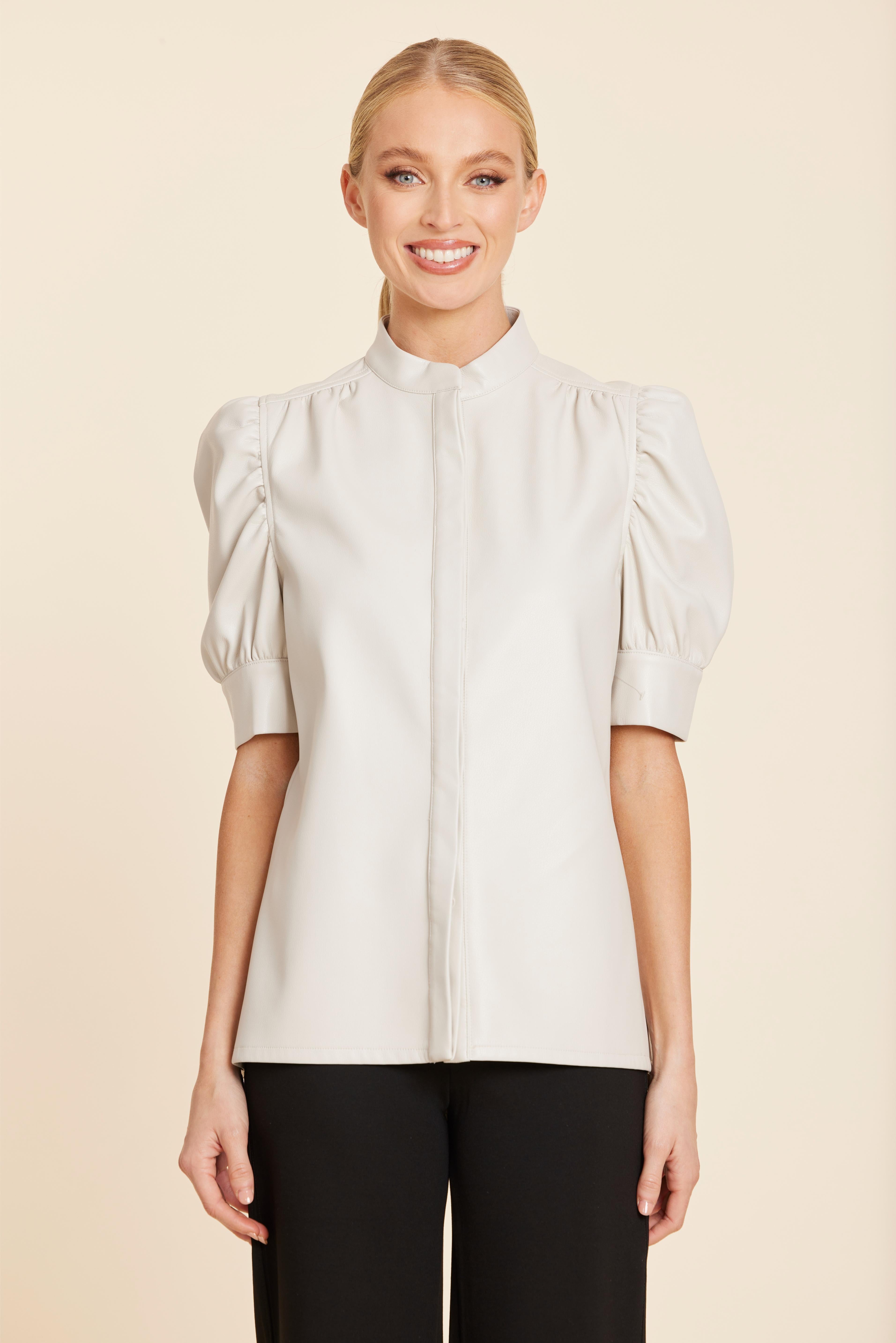 Faux Leather Placket Front Ruched Sleeve Top