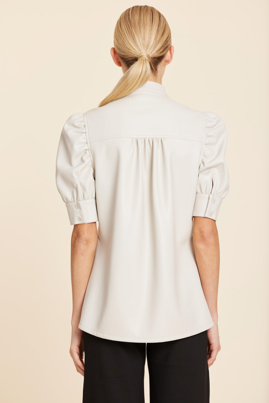 Faux Leather Placket Front Ruched Sleeve Top