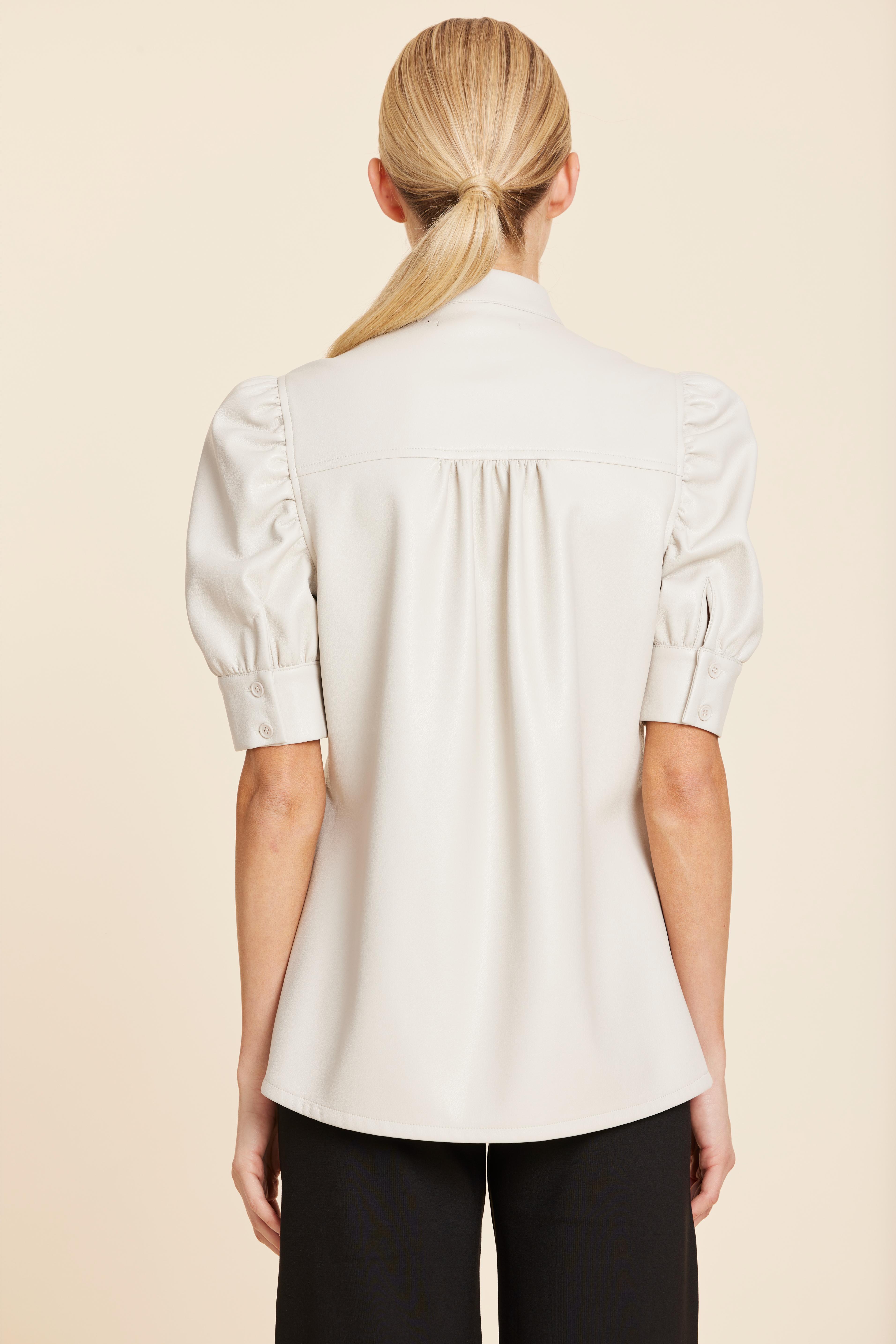 Faux Leather Placket Front Ruched Sleeve Top