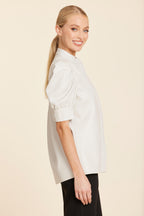 Faux Leather Placket Front Ruched Sleeve Top