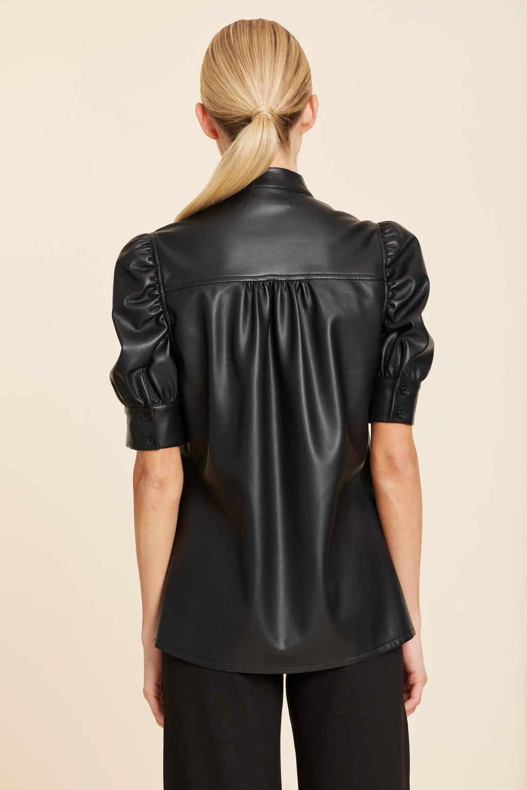 Faux Leather Placket Front Ruched Sleeve Top