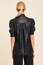 Faux Leather Placket Front Ruched Sleeve Top