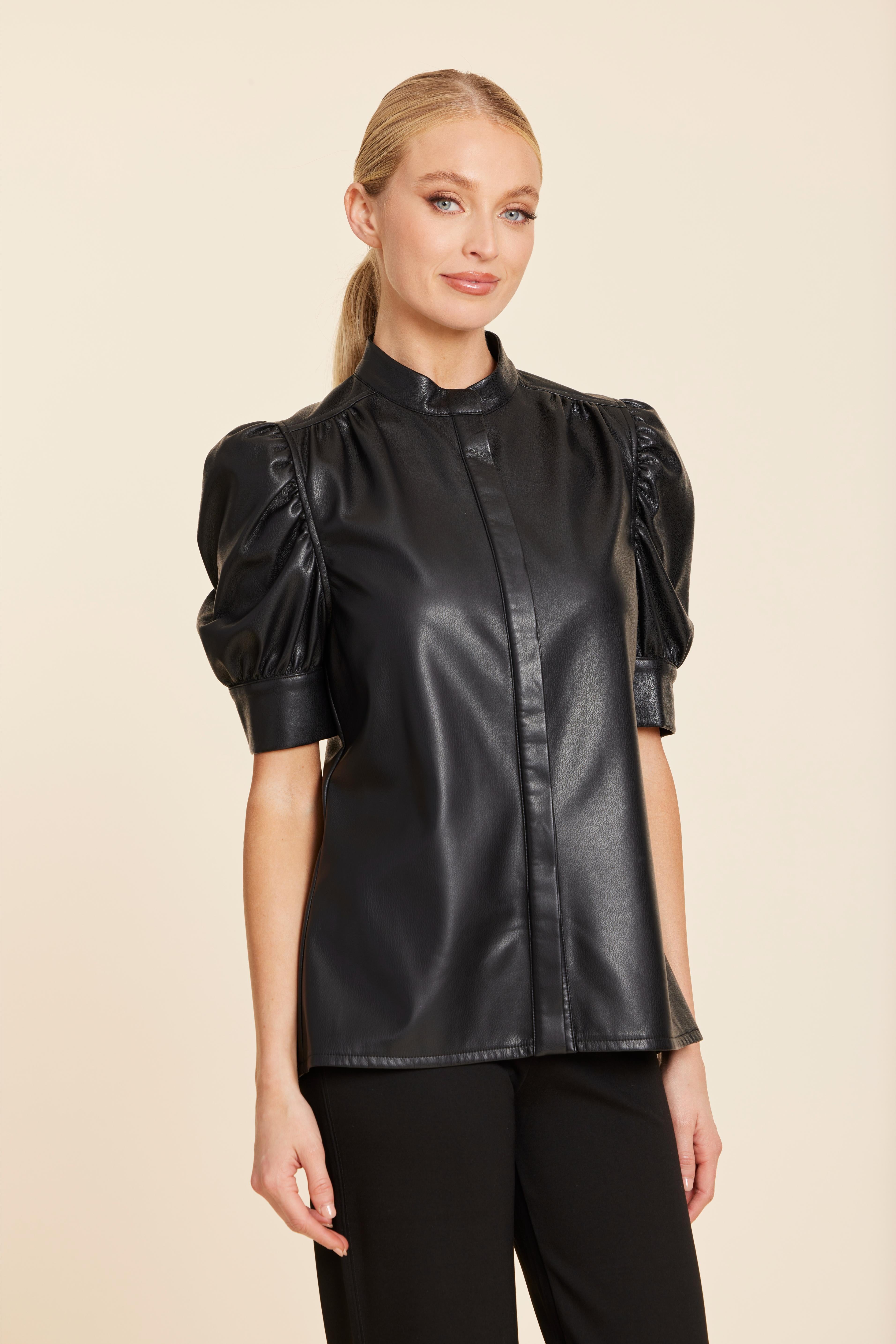 Faux Leather Placket Front Ruched Sleeve Top