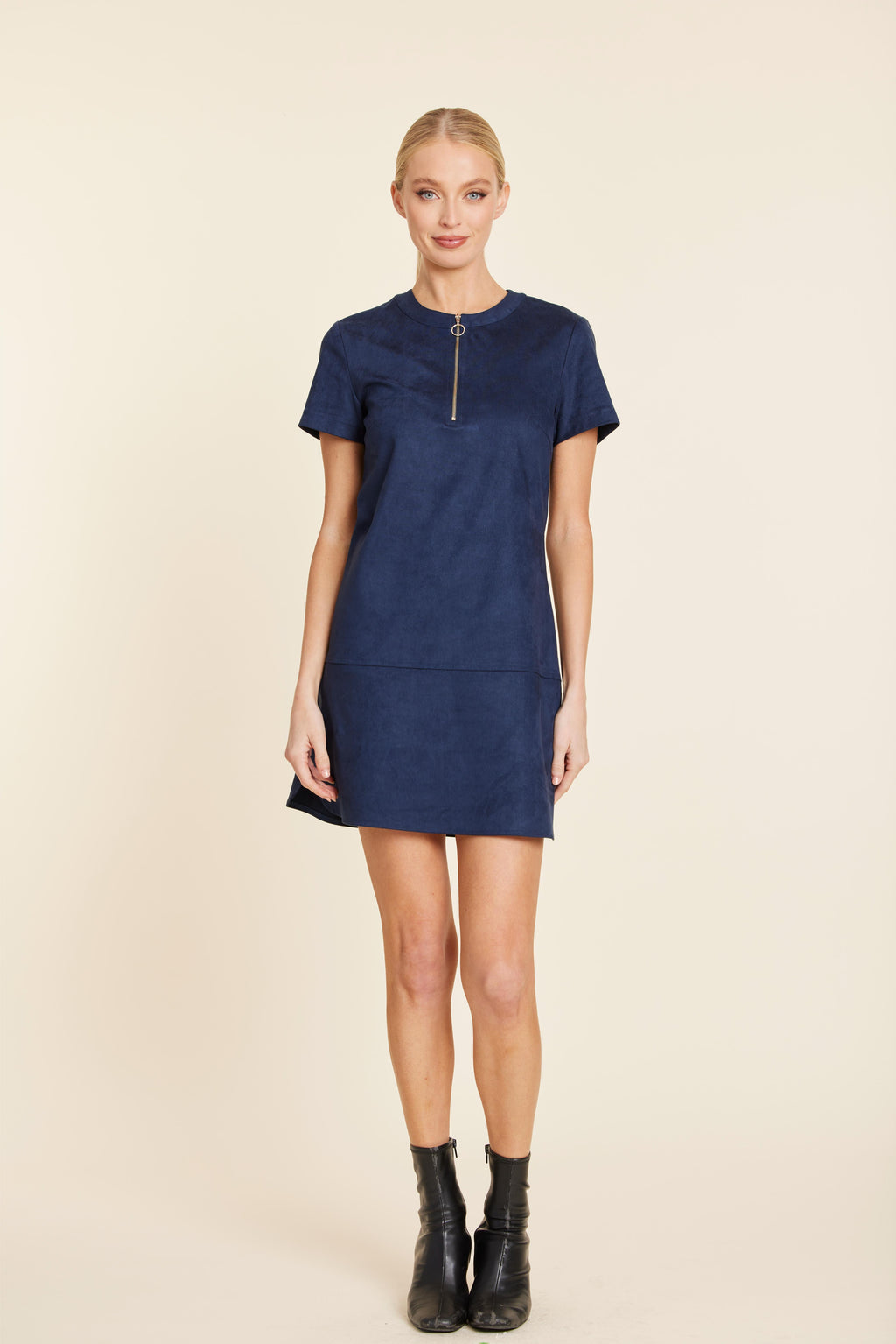 Faux Suede Zip Up Short Sleeve Dress