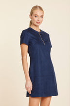 Faux Suede Zip Up Short Sleeve Dress