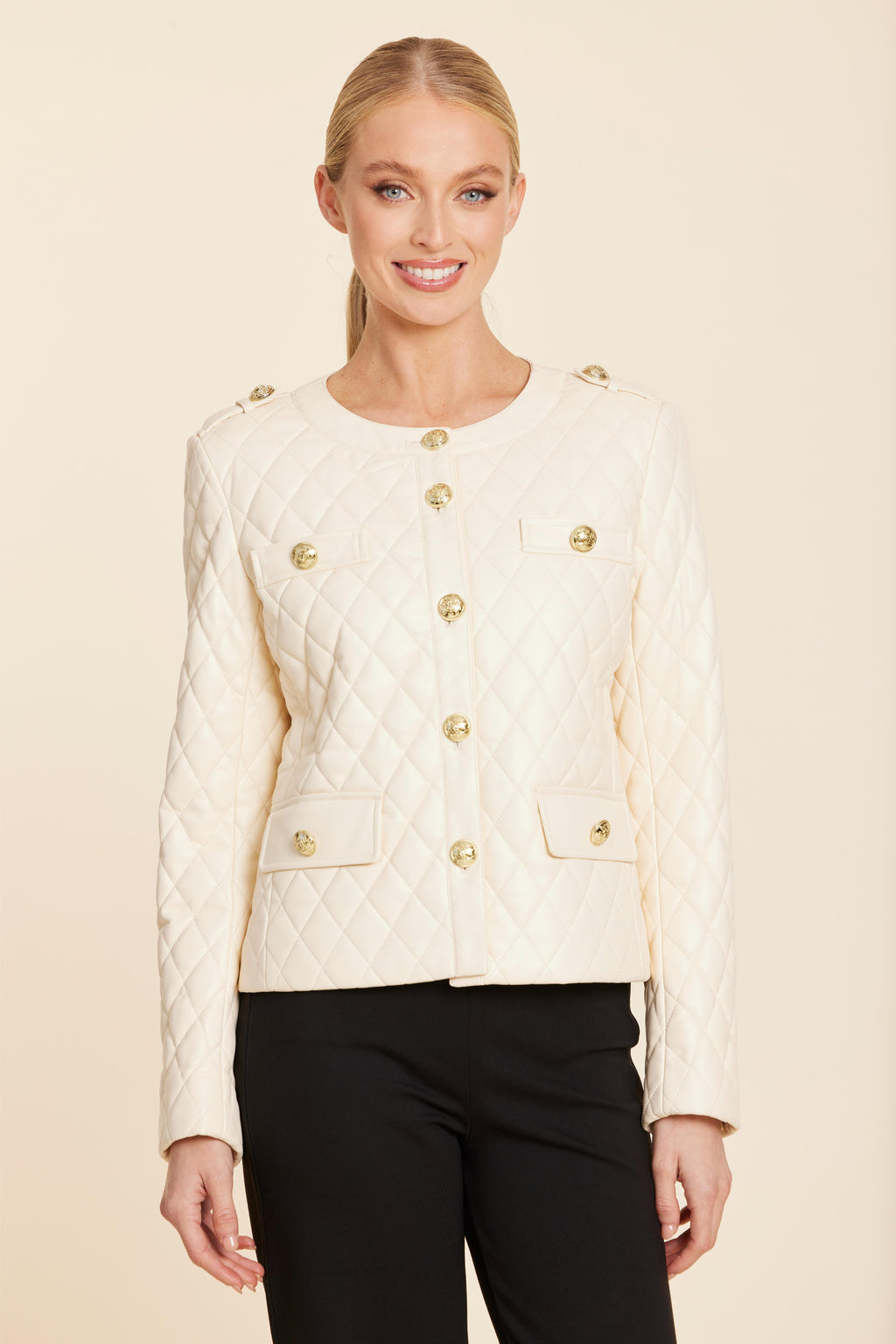 Faux Leather Quilted Gold Button Jacket