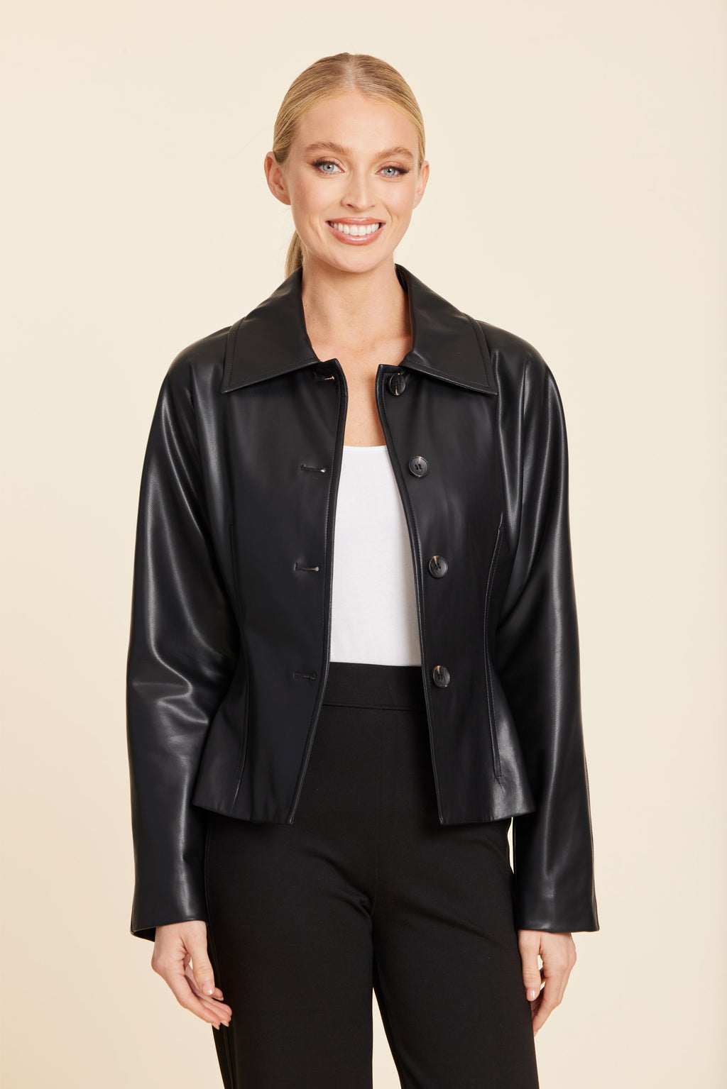 Faux Leather Fitted Shirt Jacket