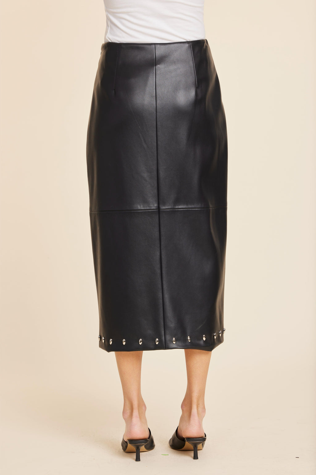 Faux Leather Studded Detail Midi Skirt