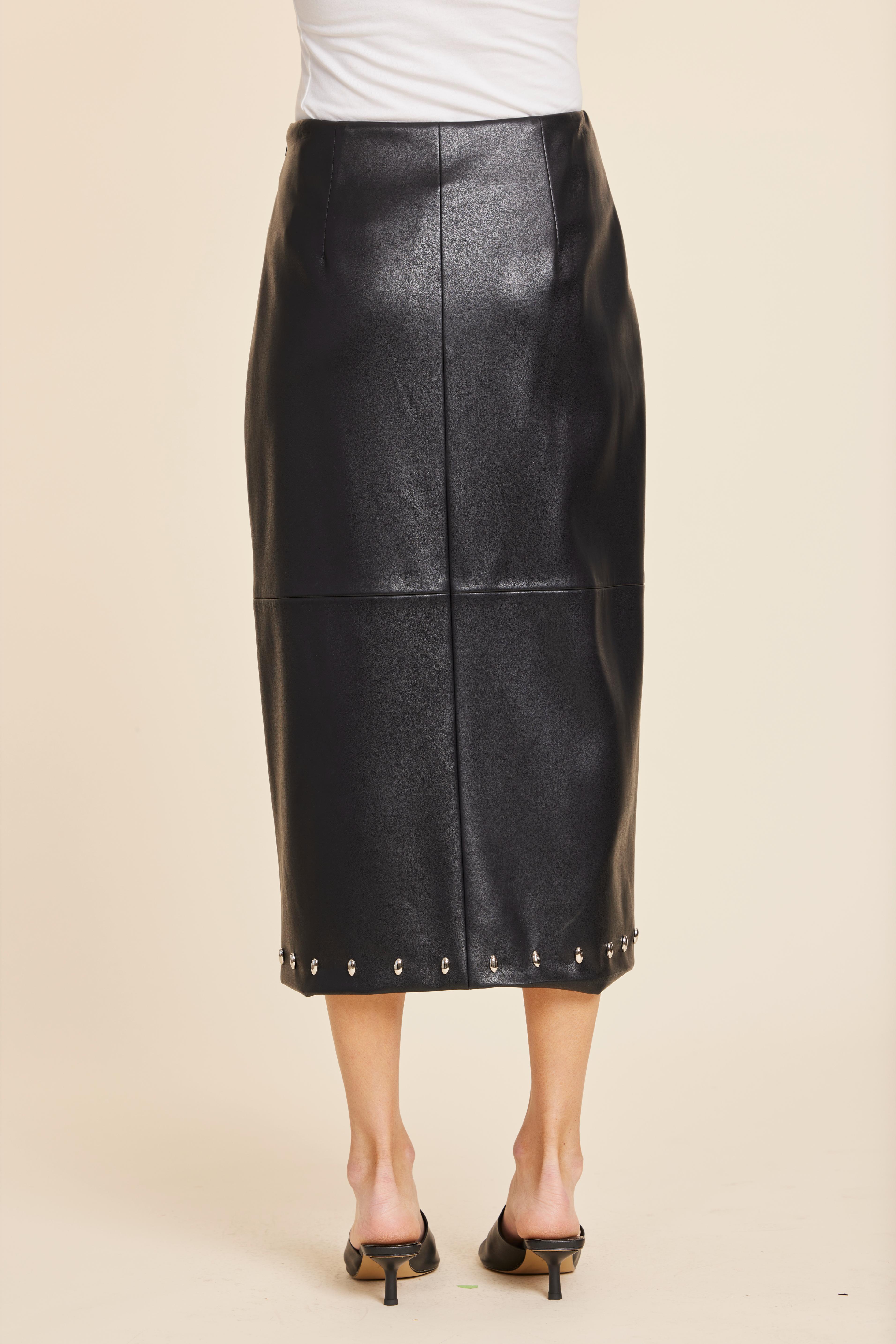 Faux Leather Studded Detail Midi Skirt
