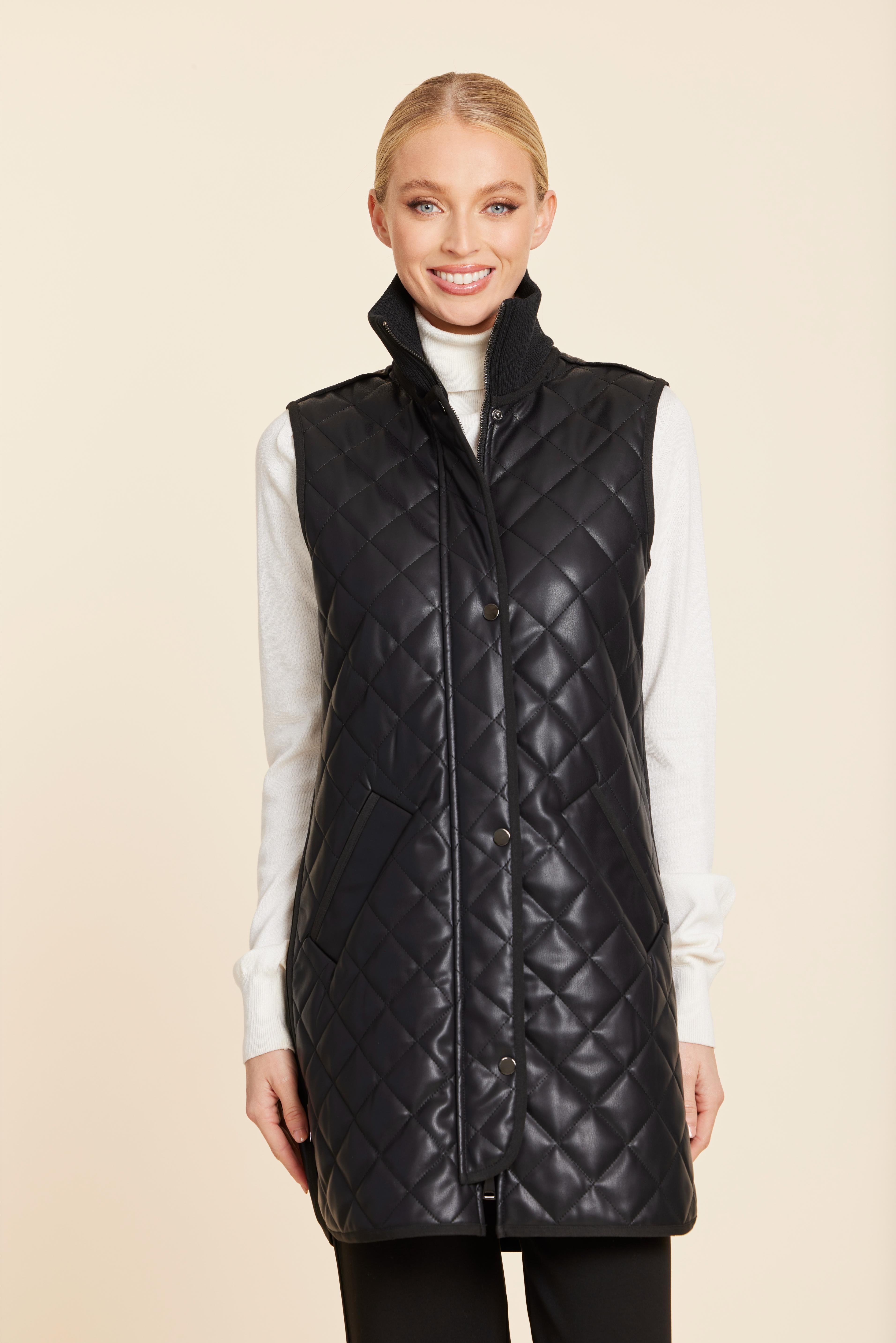 Faux Leather Quilted Vest With Side Zippers