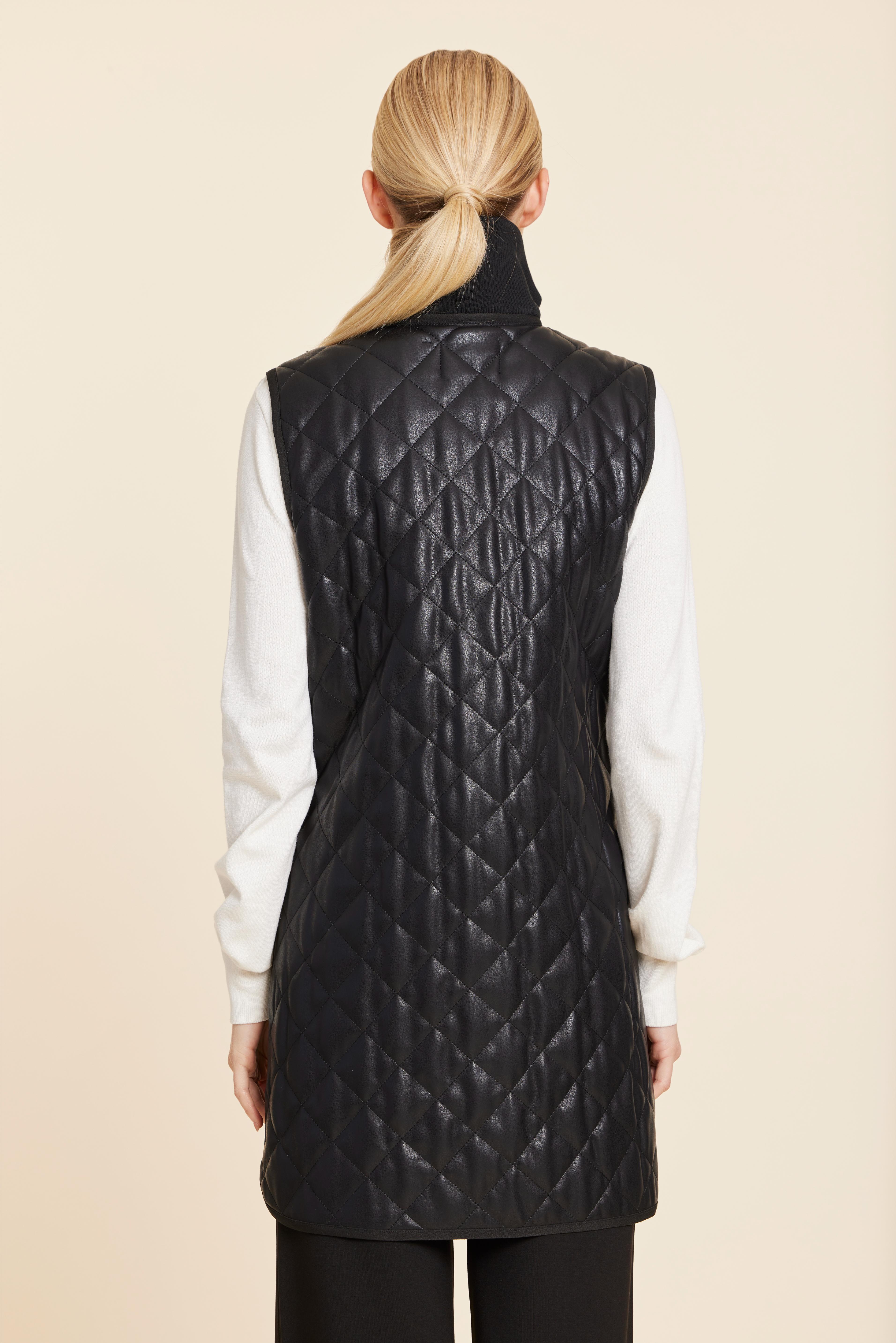 Faux Leather Quilted Vest With Side Zippers