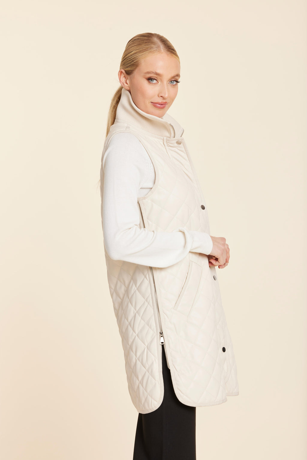 Faux Leather Quilted Vest With Side Zippers