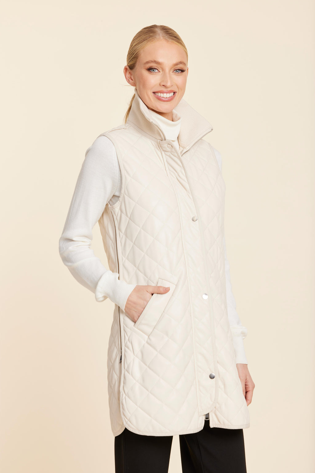 Faux Leather Quilted Vest With Side Zippers