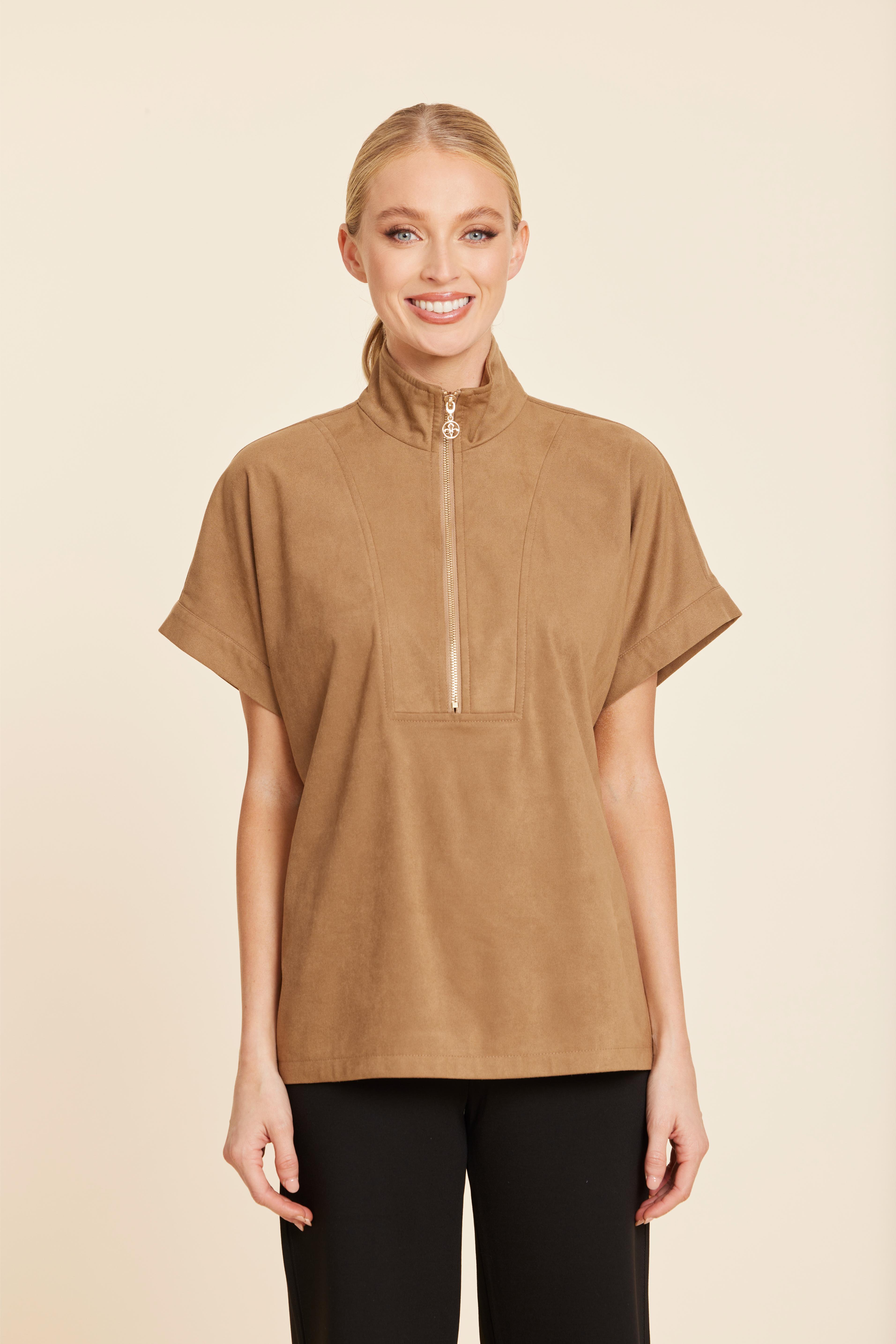 Faux Suede Drop Shoulder Zipper Top