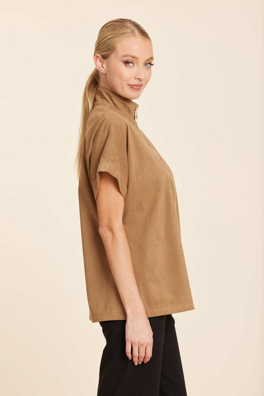Faux Suede Drop Shoulder Zipper Top