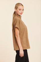 Faux Suede Drop Shoulder Zipper Top
