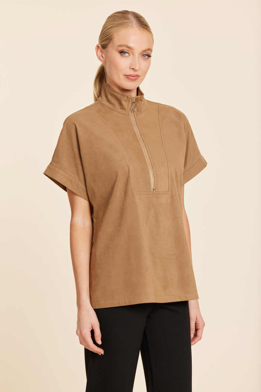 Faux Suede Drop Shoulder Zipper Top