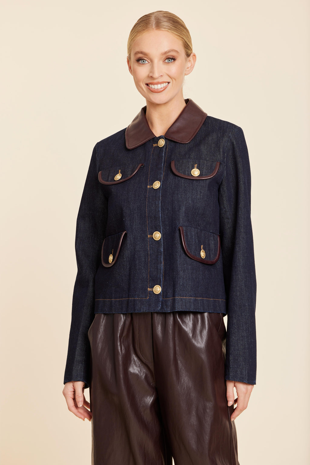 Faux Leather Trimmed Denim Jacket