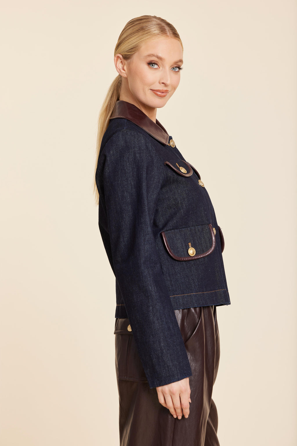 Faux Leather Trimmed Denim Jacket