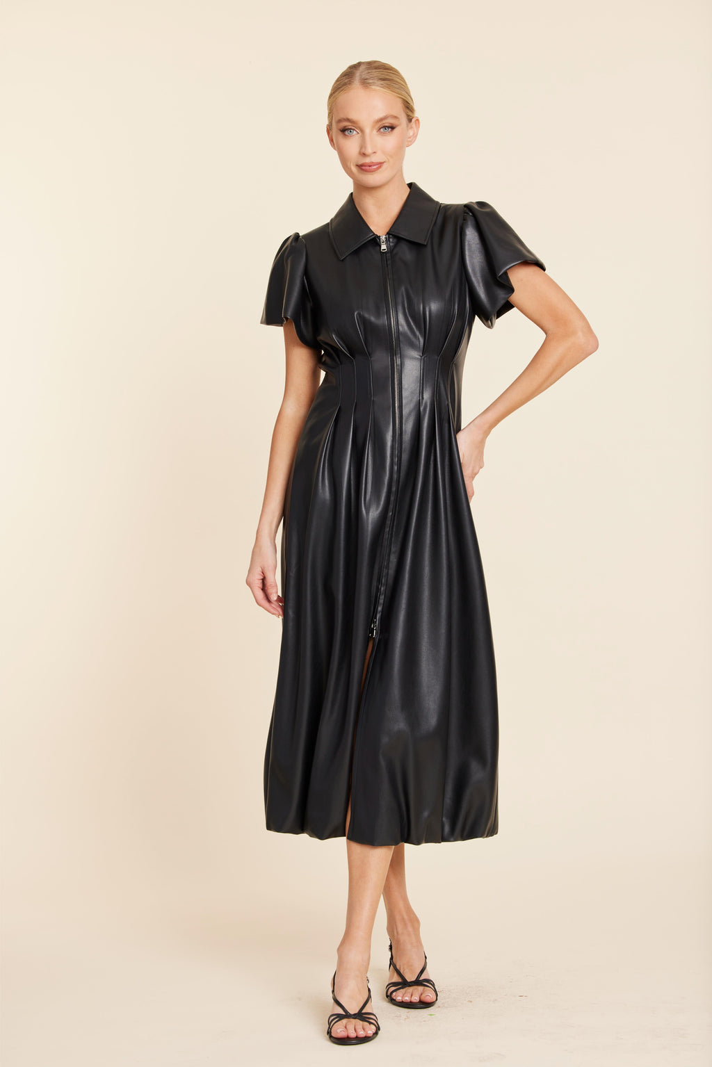 Faux Leather Zip Midi Bubble Dress