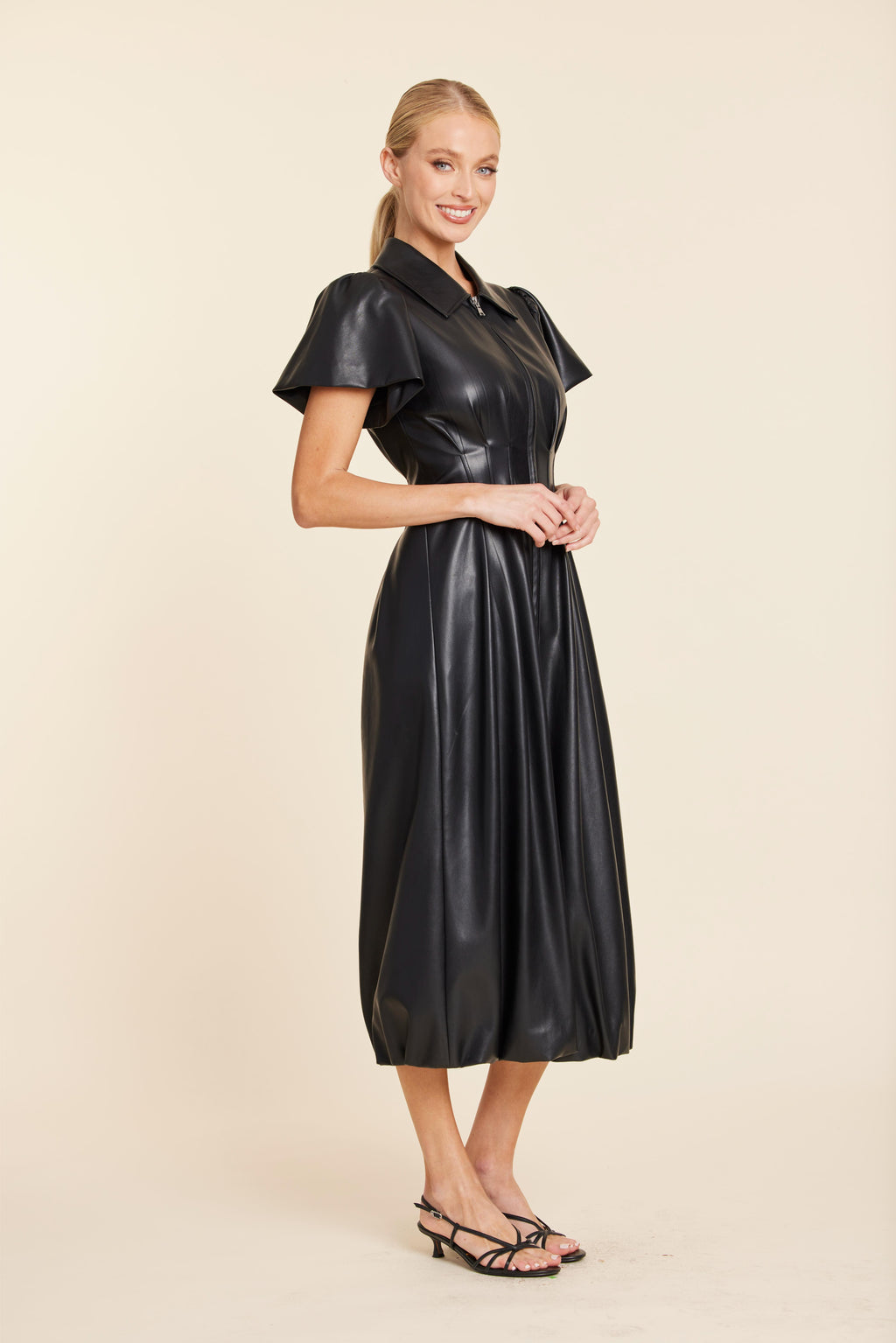 Faux Leather Zip Midi Bubble Dress
