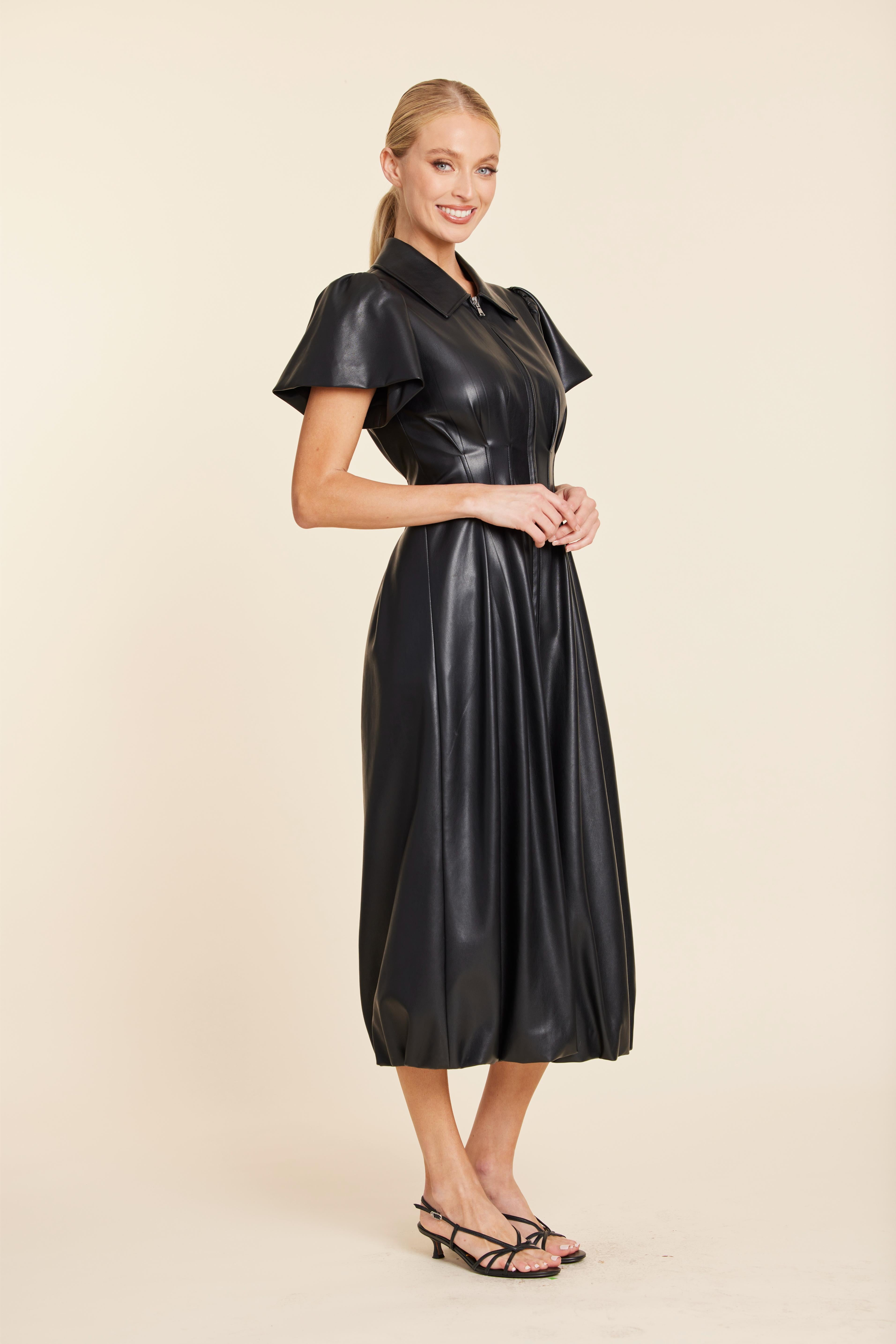 Faux Leather Zip Midi Bubble Dress