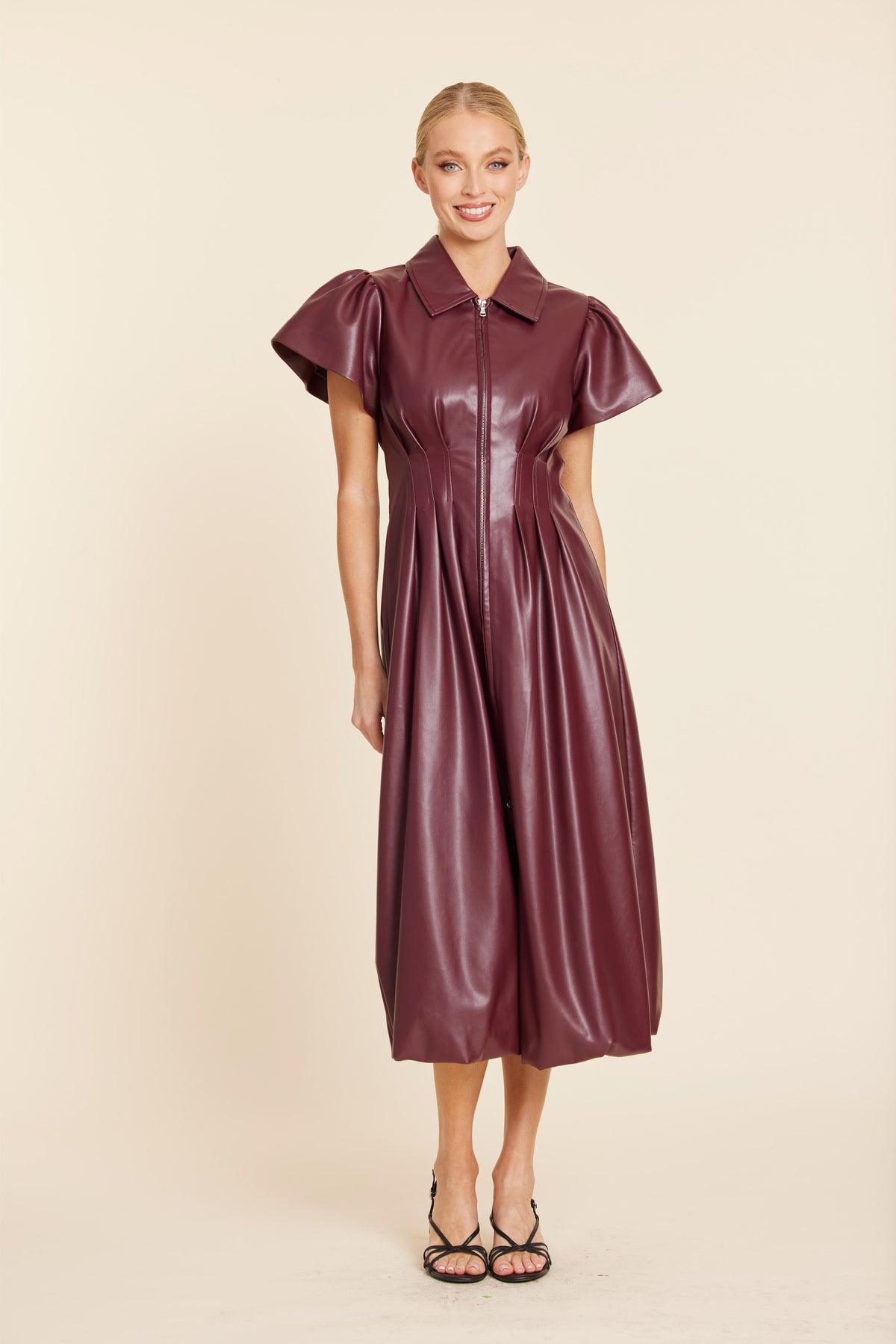 Faux Leather Zip Midi Bubble Dress