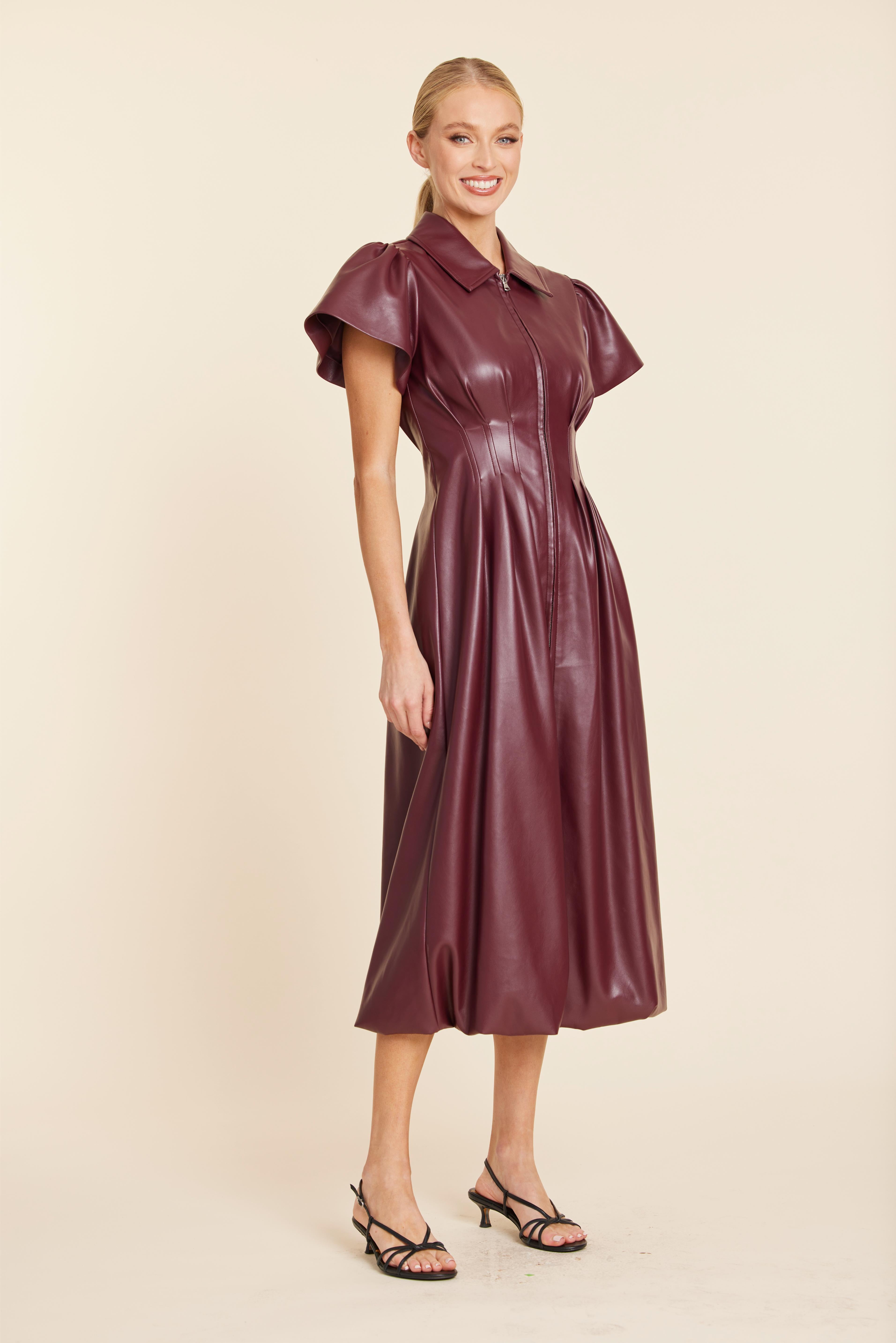 Faux Leather Zip Midi Bubble Dress