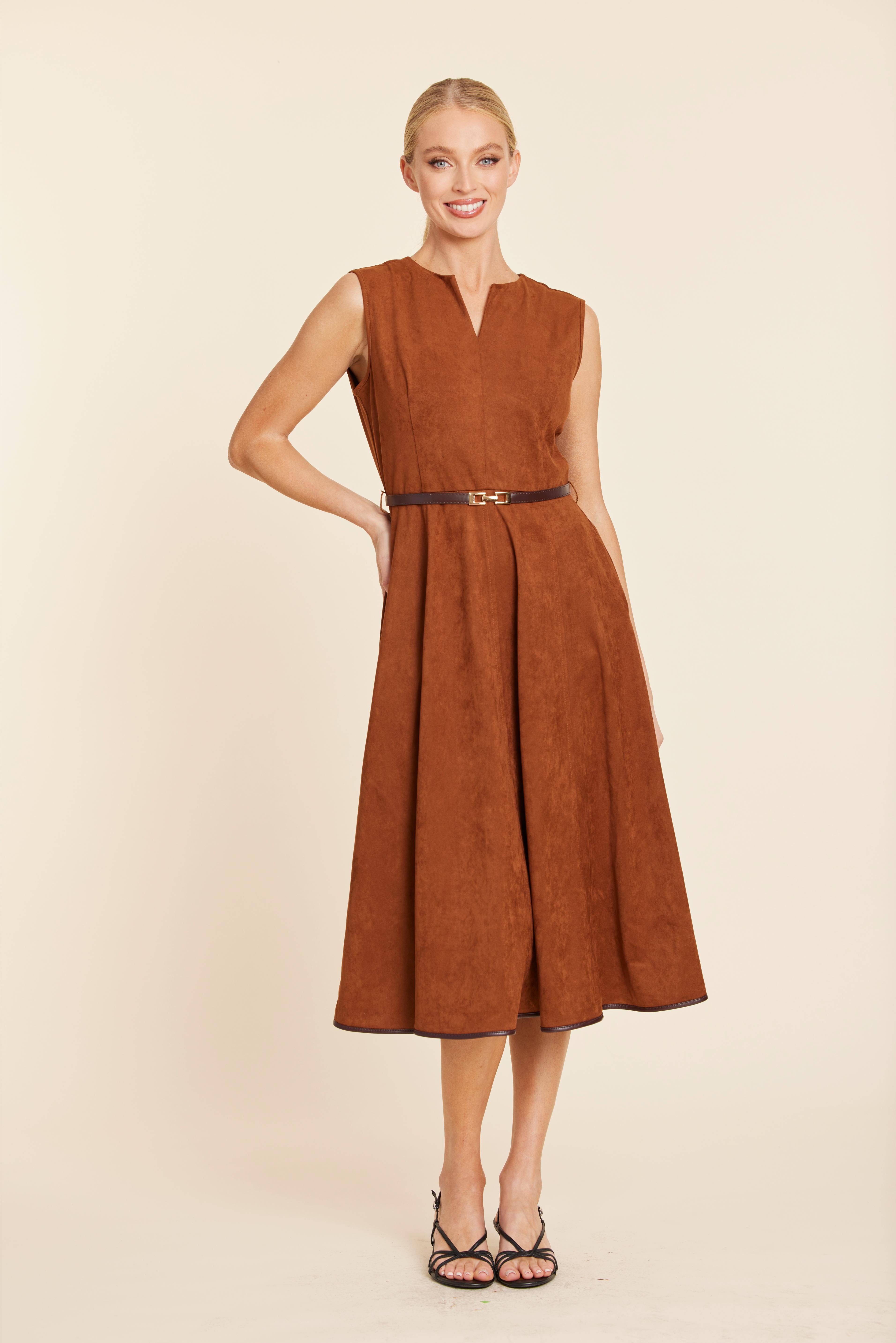 Faux Suede Belted Midi Dress