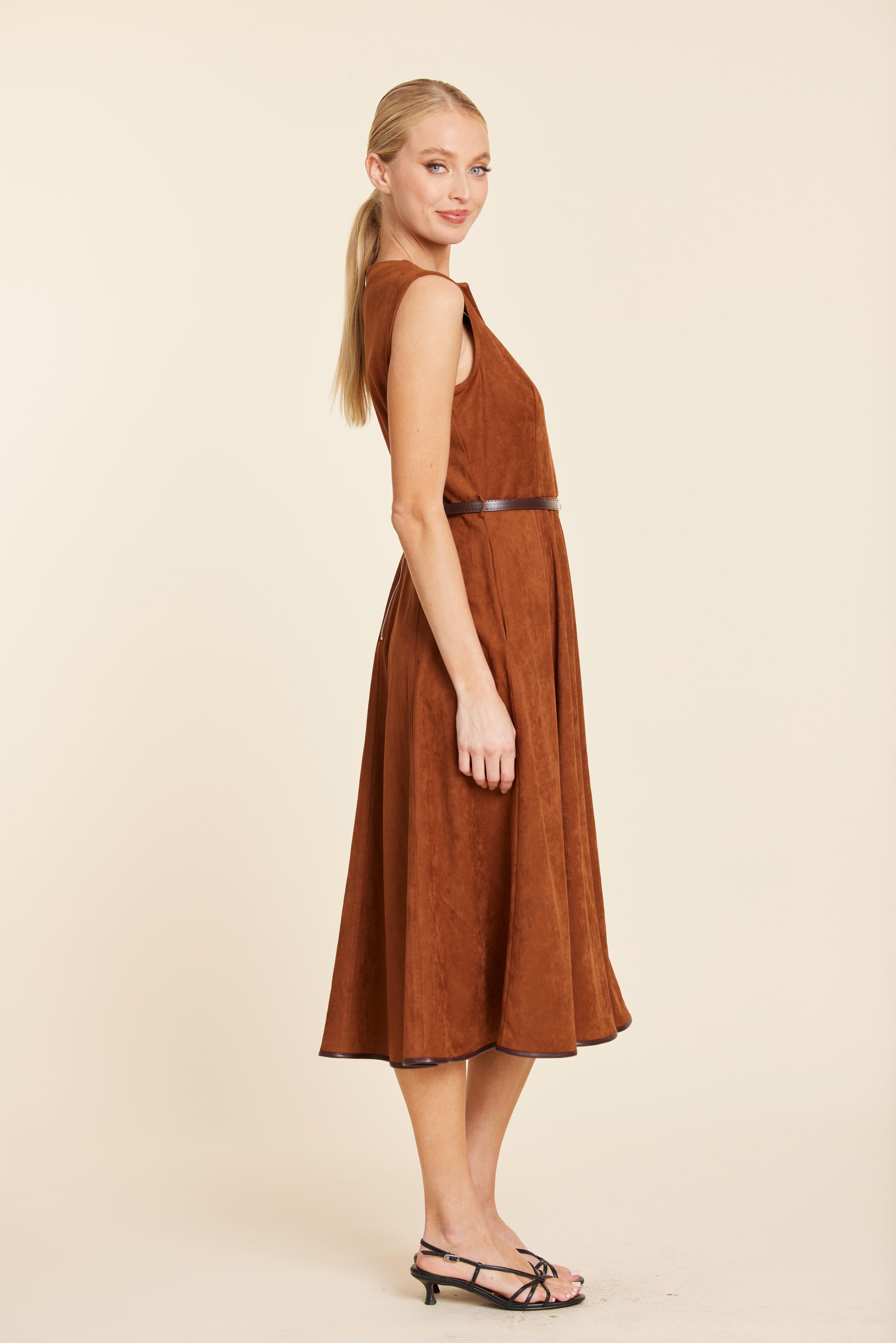 Faux Suede Belted Midi Dress