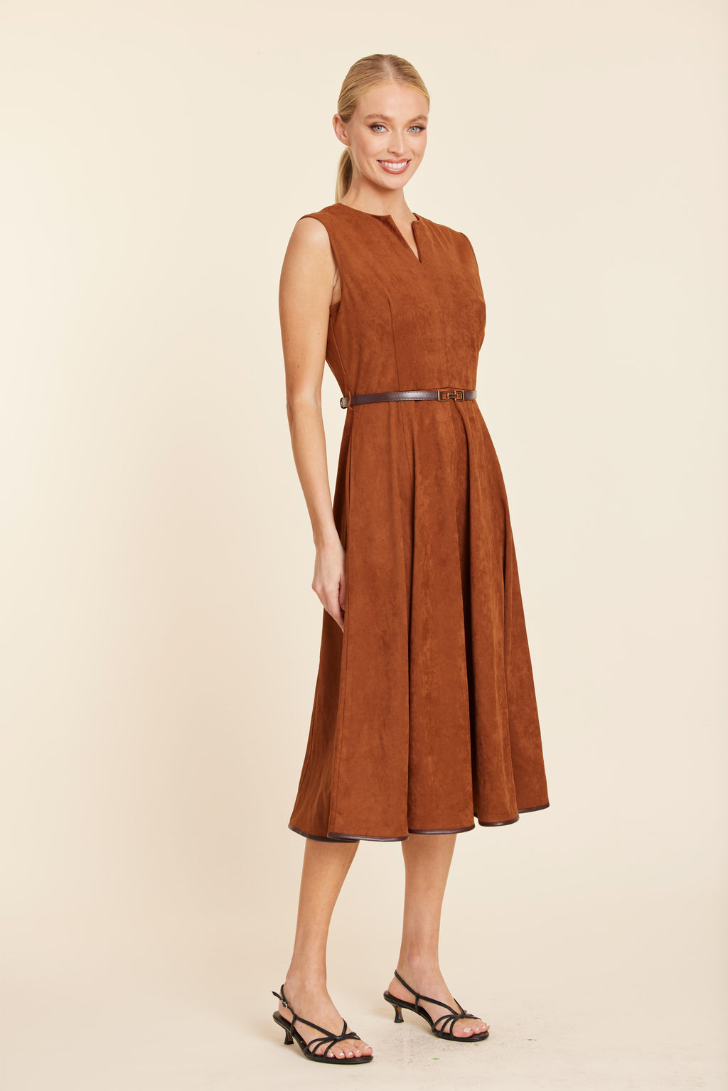 Faux Suede Belted Midi Dress