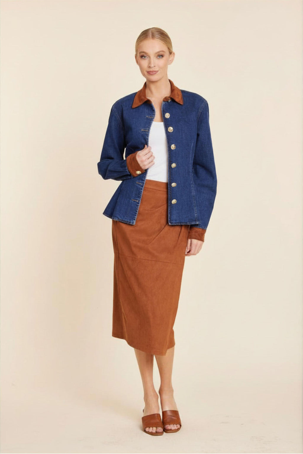 Faux Suede Trimmed Denim Shirt Jacket