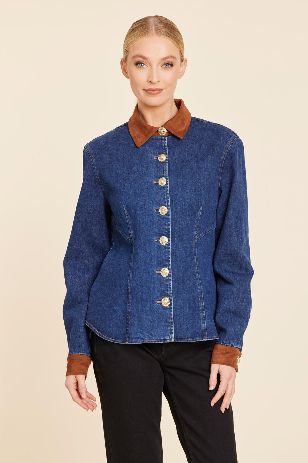 Faux Suede Trimmed Denim Shirt Jacket