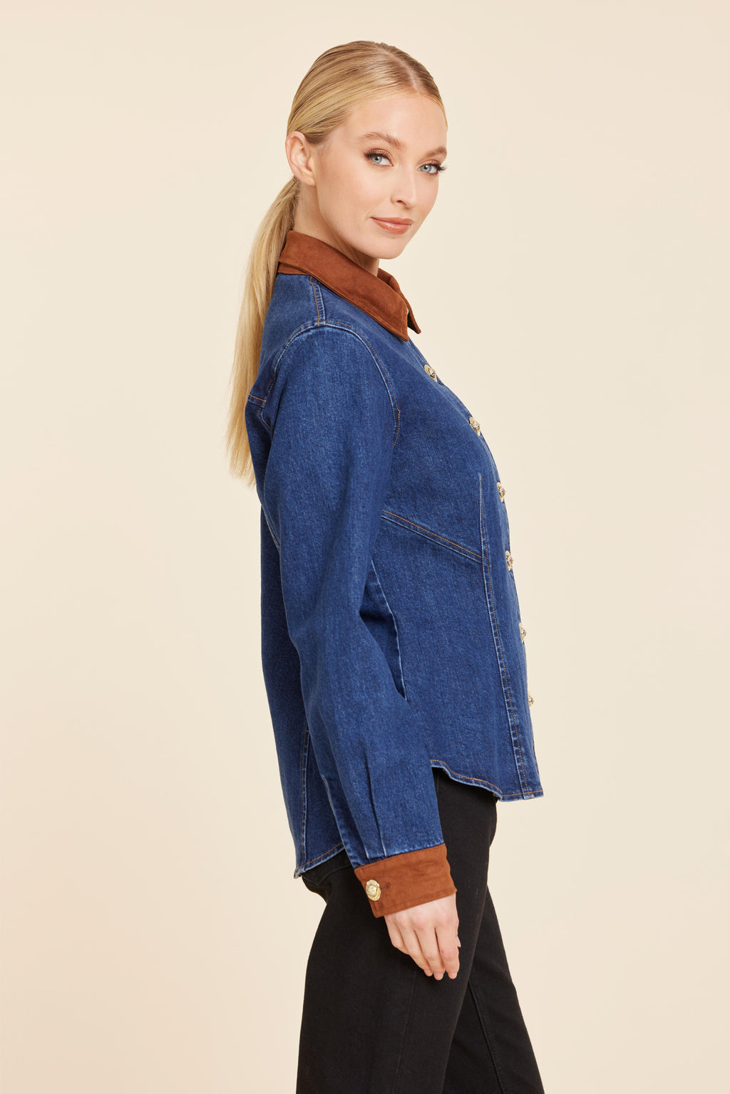 Faux Suede Trimmed Denim Shirt Jacket