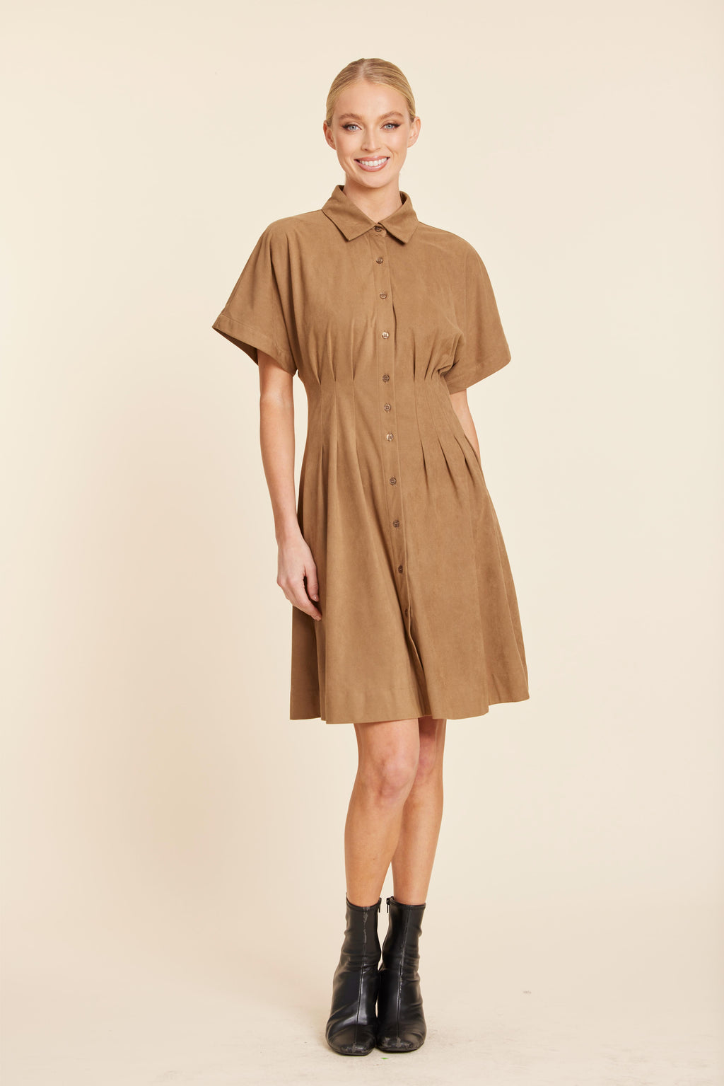 Faux Suede Pintuck Waist Dress