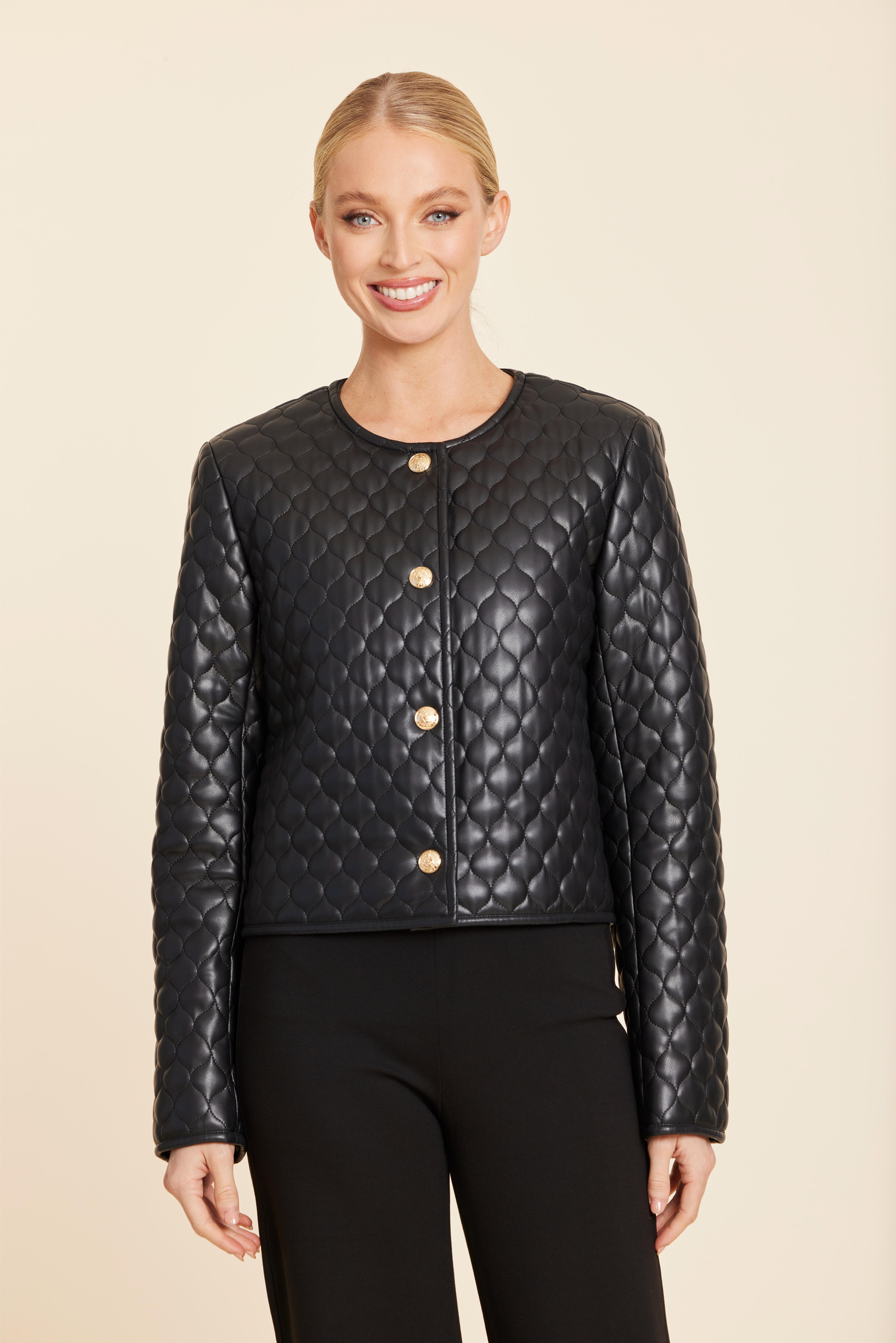 Faux Leather Quilted Gold Button Jacket