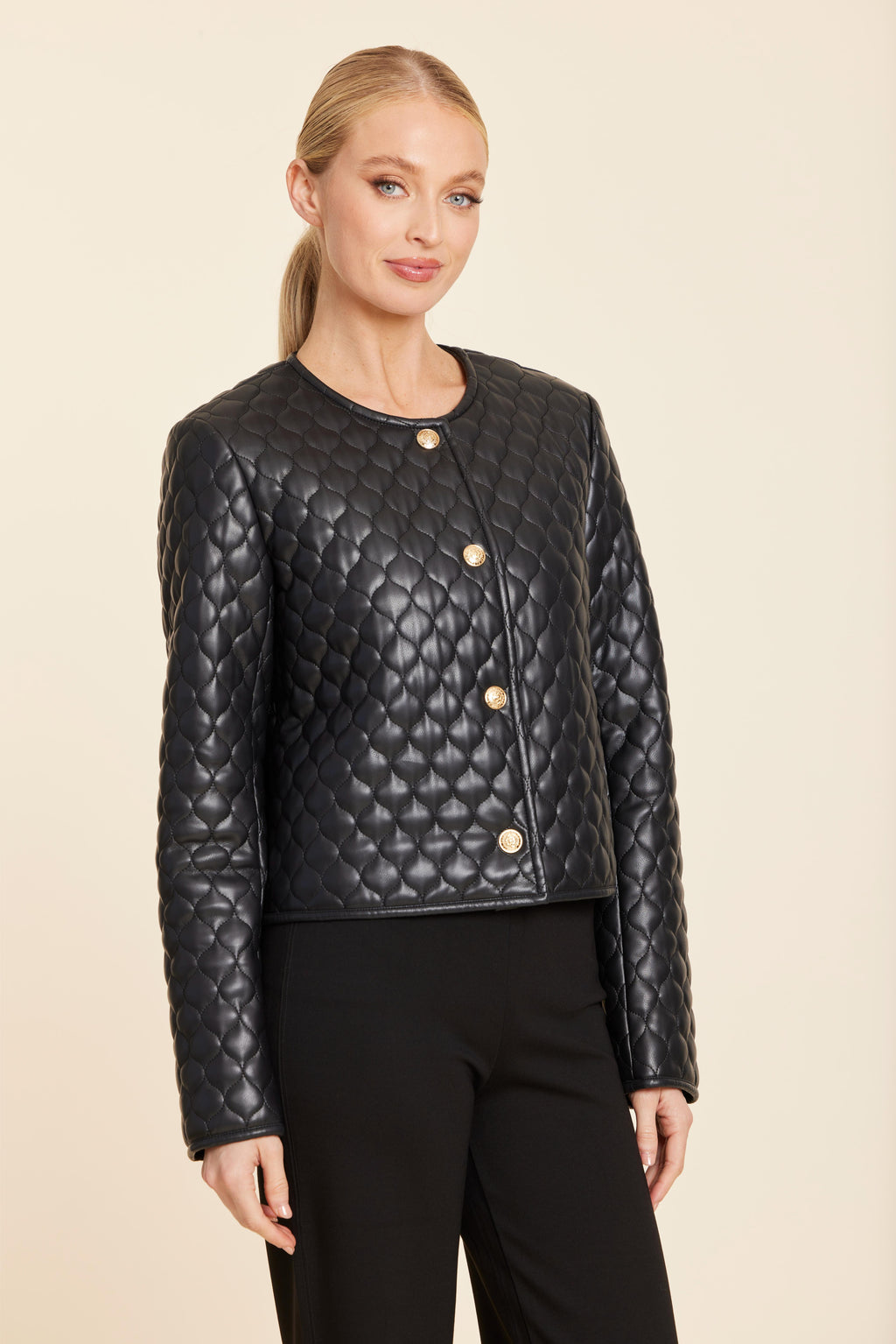 Faux Leather Quilted Gold Button Jacket