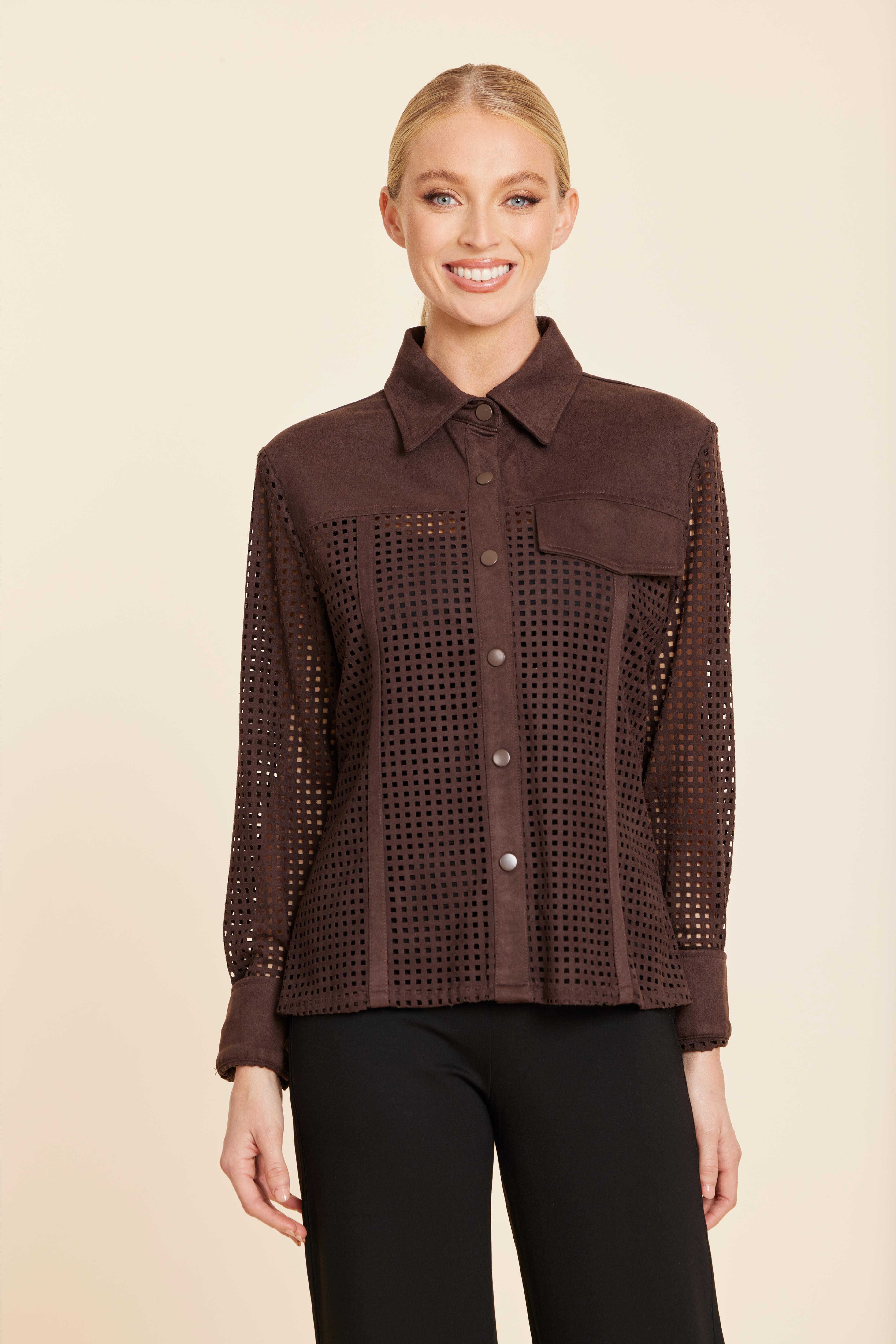 Faux Suede Lattice Cut Out Shirt