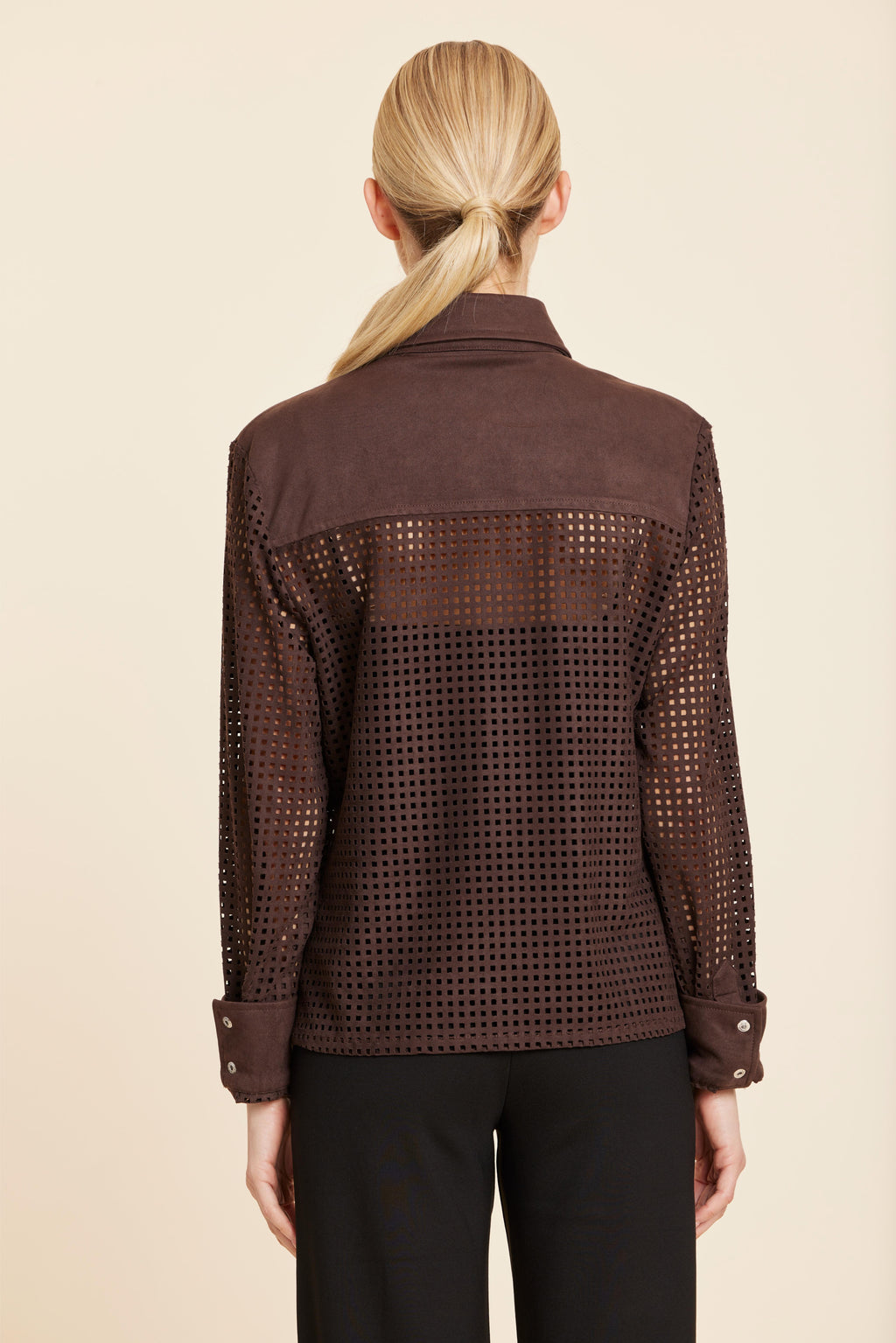 Faux Suede Lattice Cut Out Shirt