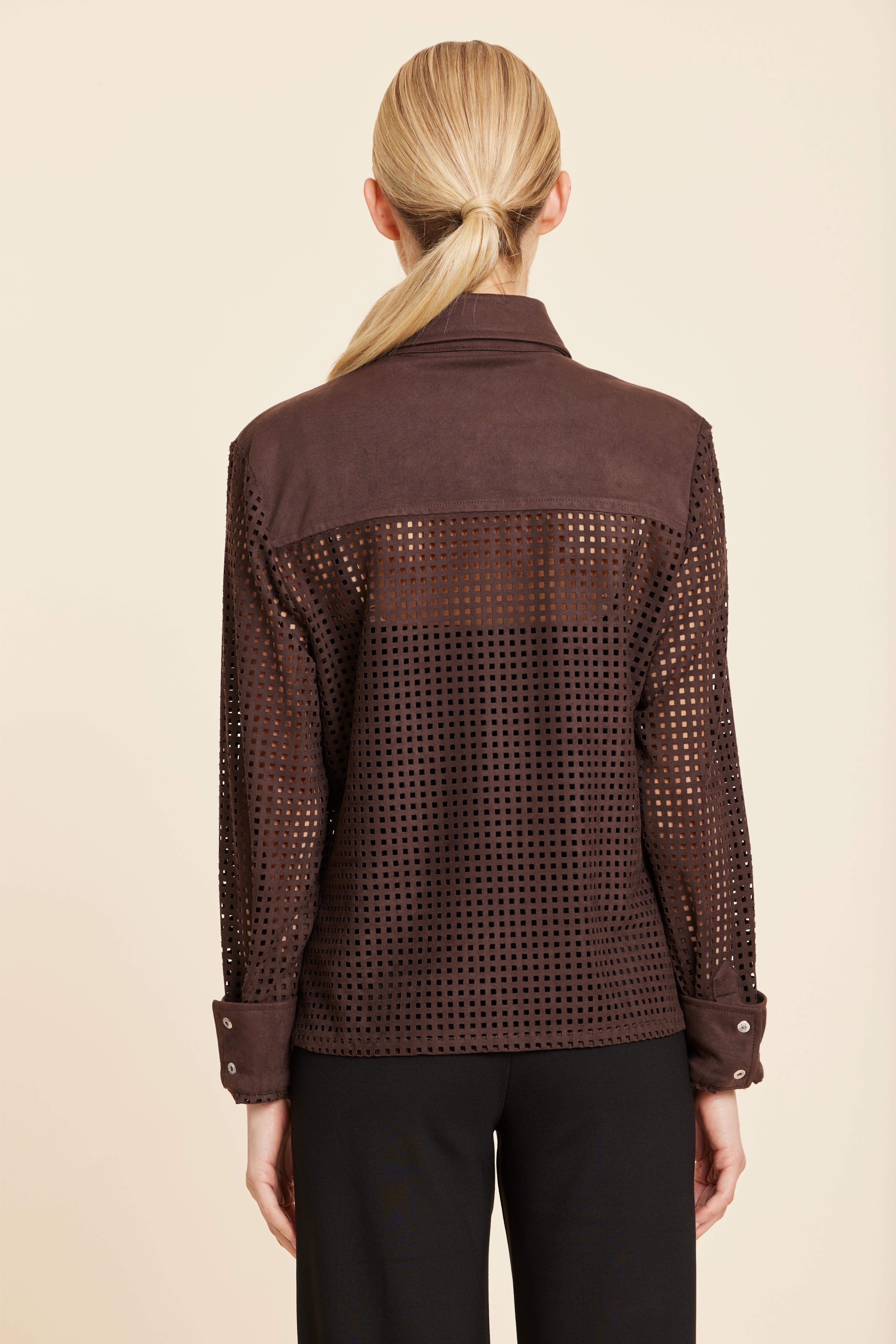 Faux Suede Lattice Cut Out Shirt