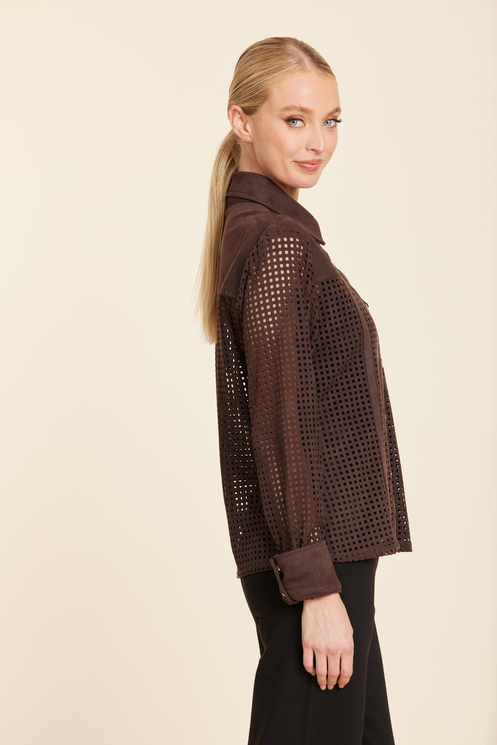 Faux Suede Lattice Cut Out Shirt