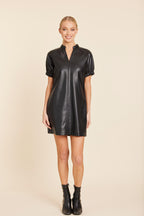 Faux Leather V-Neck Short Sleeve Dress