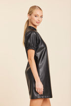 Faux Leather V-Neck Short Sleeve Dress