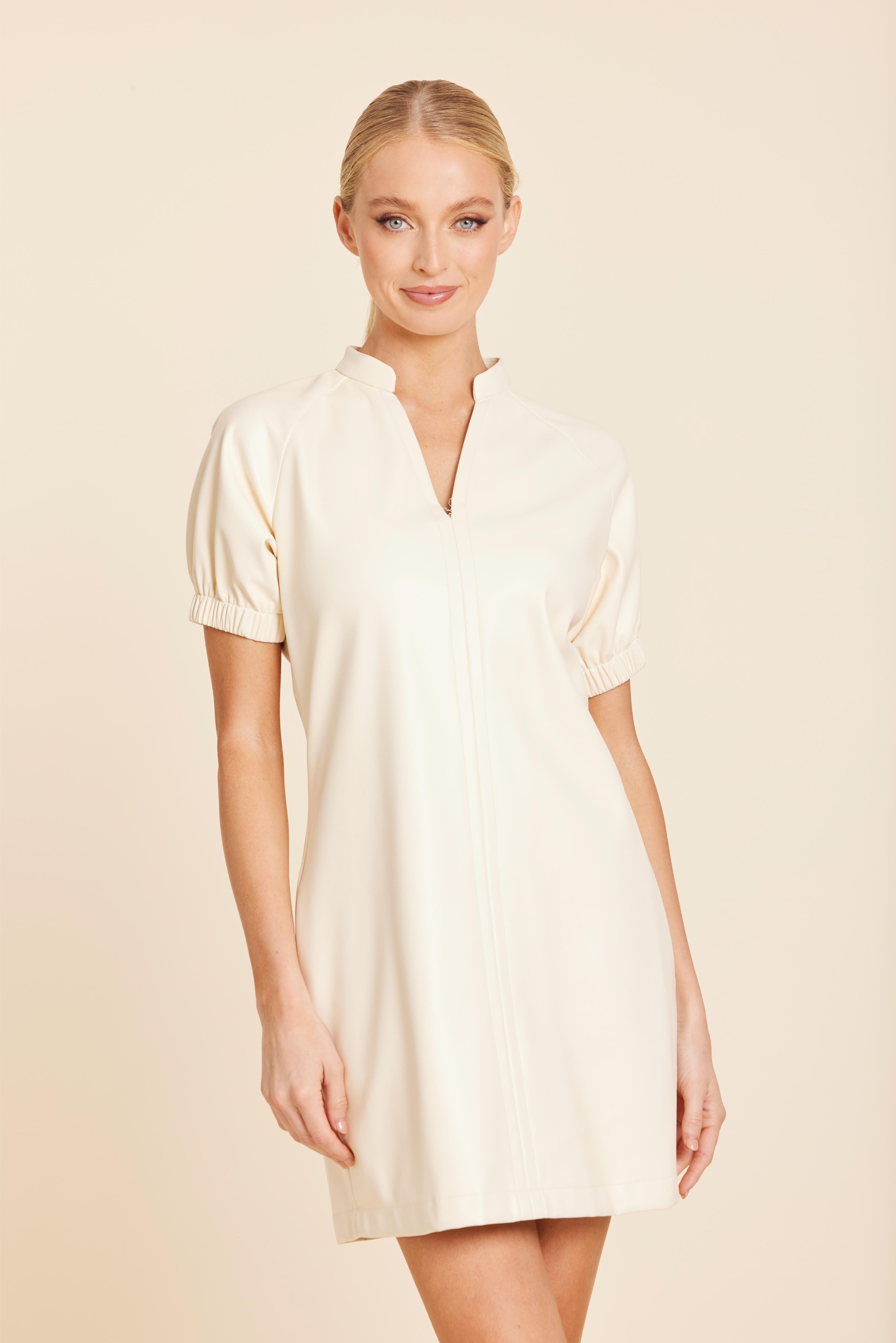 Faux Leather V-Neck Short Sleeve Dress