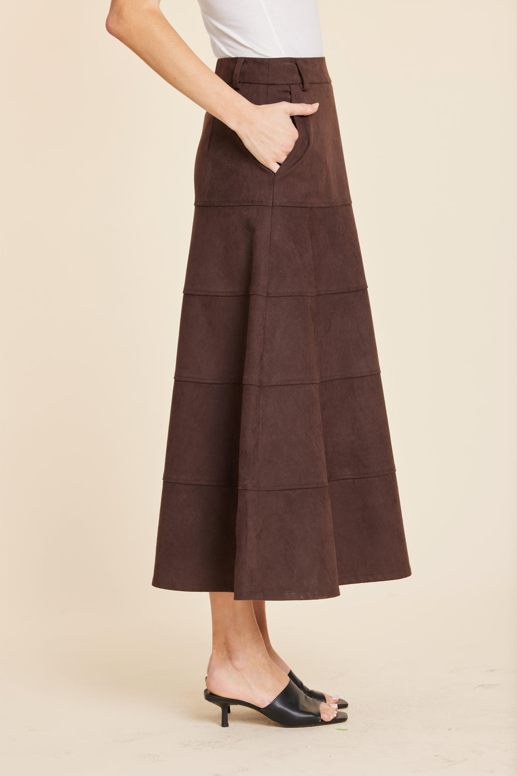 Faux Suede Paneled Full Skirt
