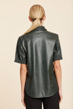 Faux Leather Ruffle Collar Shirt