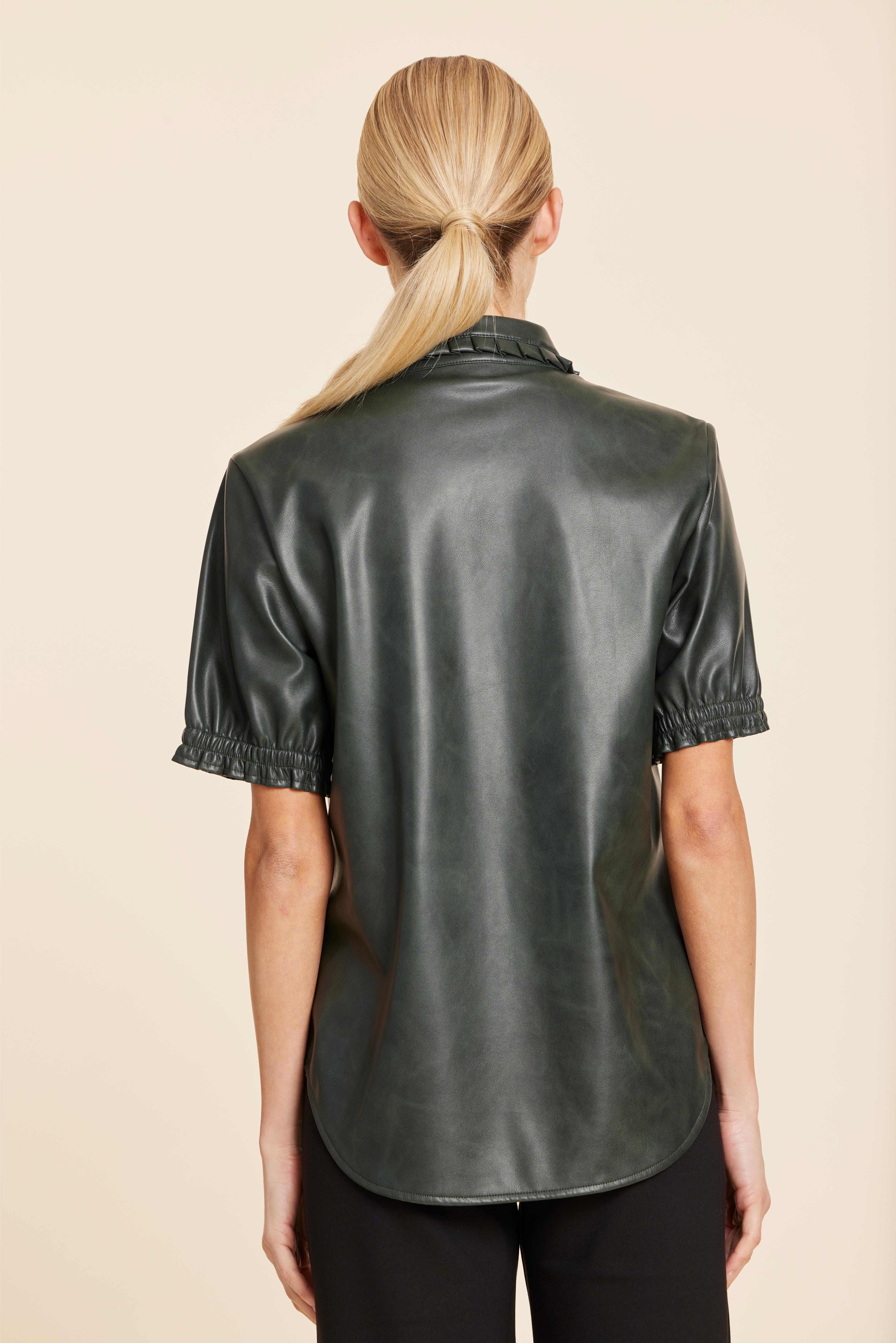 Faux Leather Ruffle Collar Shirt