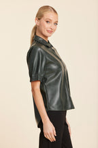 Faux Leather Ruffle Collar Shirt