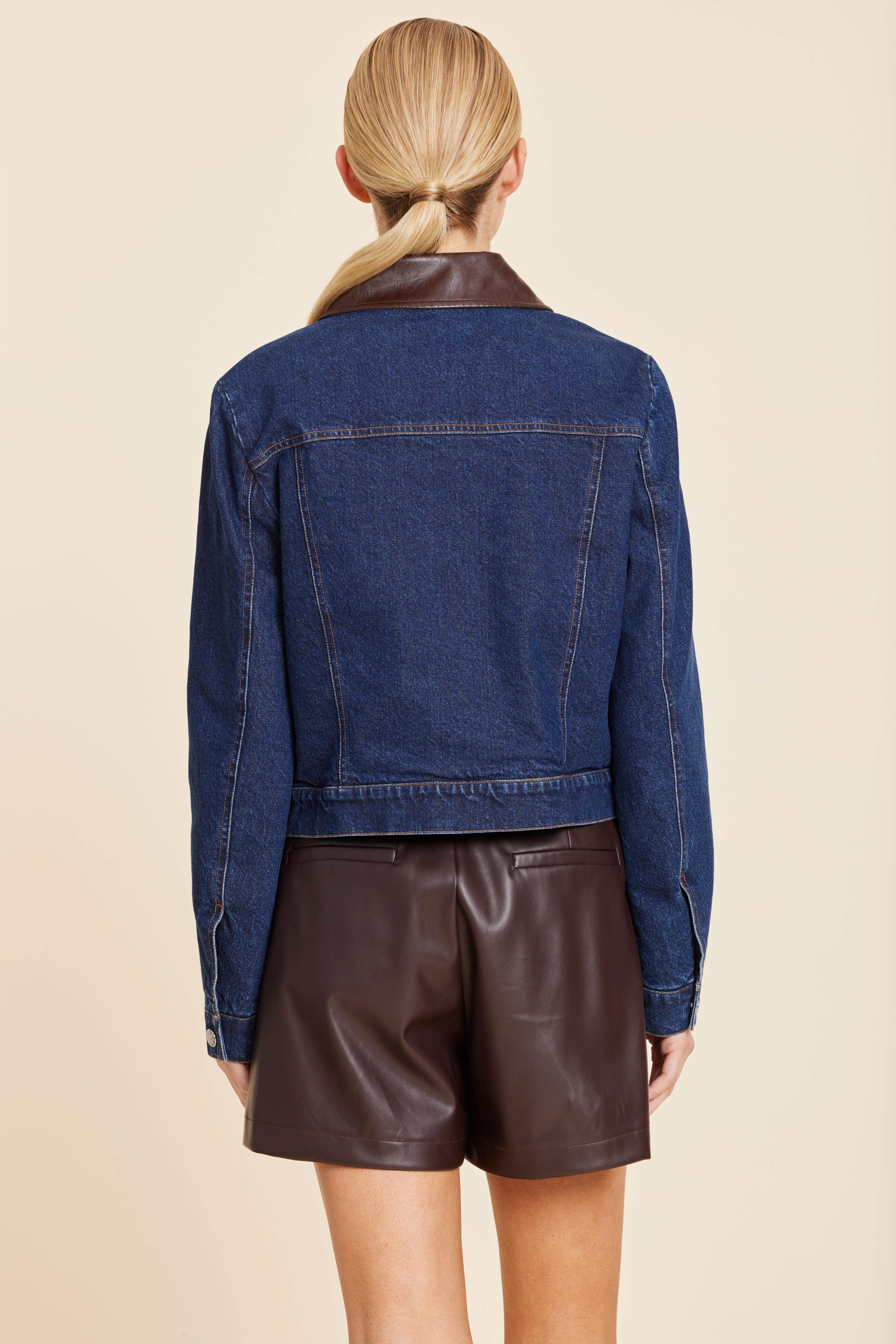 Faux Leather Trim Denim Jacket